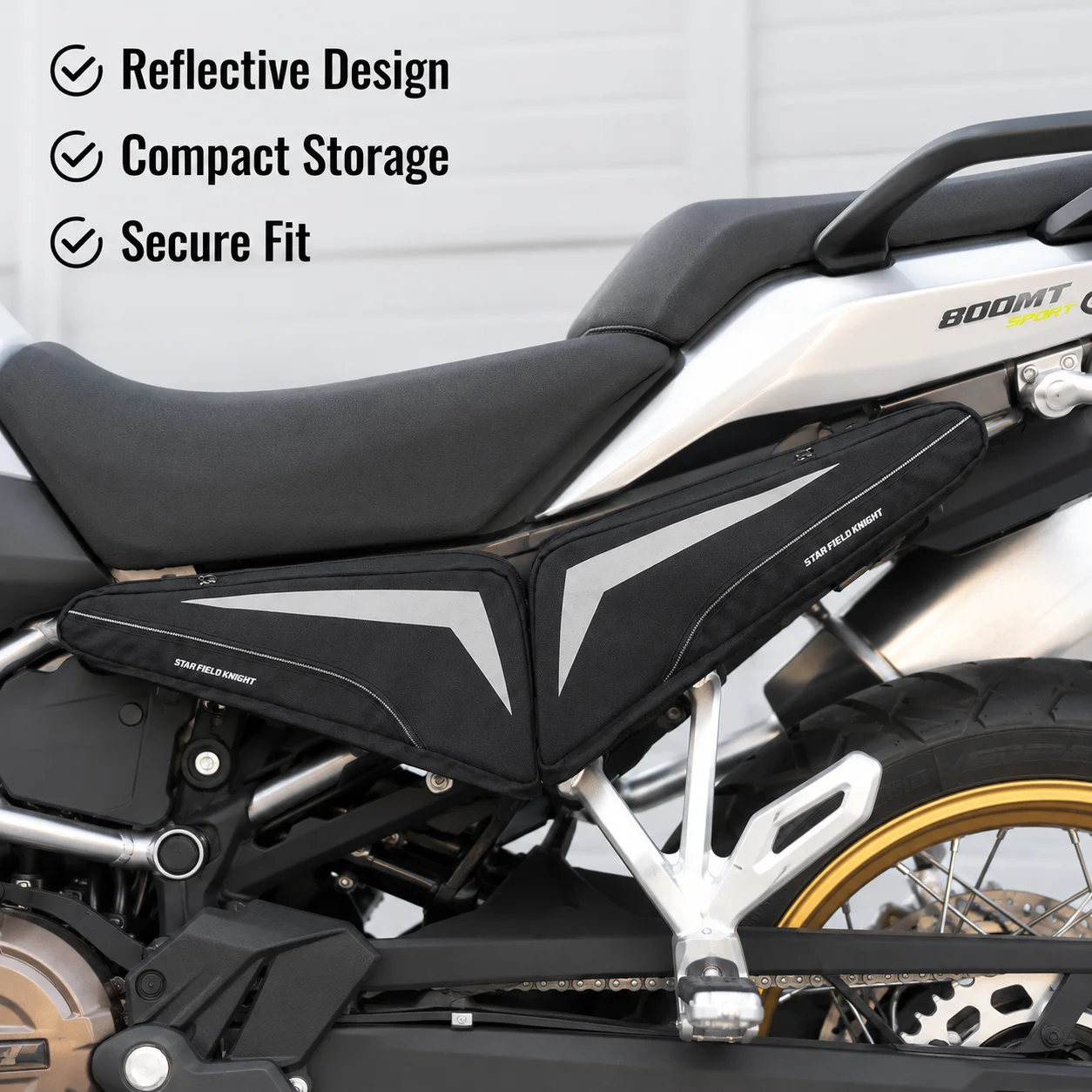 SFK Motorcycle Frame Side Triangle Bag Reflective Water Resistant Tool Storage Pouch Portable Night Riding Travel Pack Black