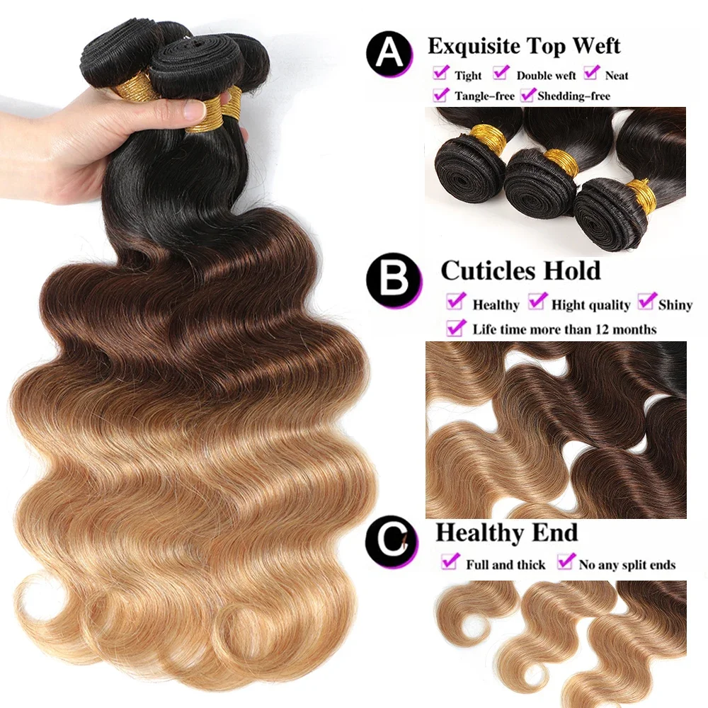 Ombre Color Body Wave Human Hair Bundles with Closure 100% Unprocessed Virgin Hair 1b/4/27 Colored Bundles Human Hair Extension