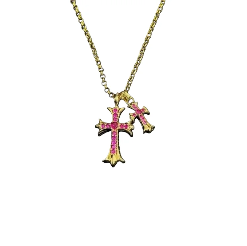 

Gold-Tone Double Cross Pendant Necklace with Magenta Rhinestones – Gothic Y2K Statement Jewelry
