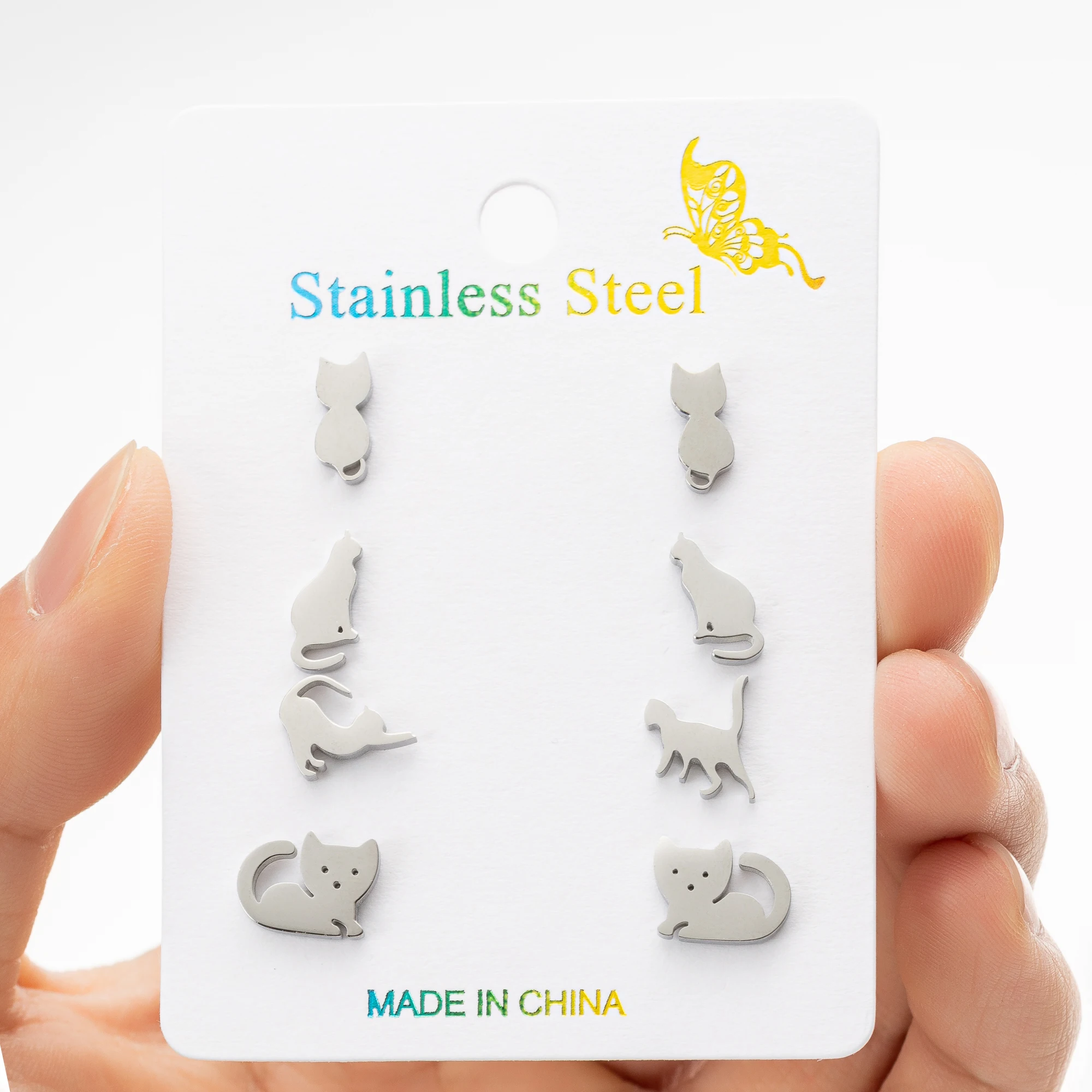 4pairs/lot الصغيرة الفولاذ المقاوم للصدأ القط الأقراط لطيف هريرة الحيوان أقراط كوريا نمط الفتيات الأذن مجوهرات اكسسوارات