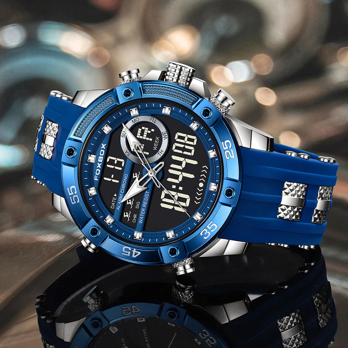 FOXBOX Fashion Quartz Watch Soft Silicone Waterproof LED Dual Display Luminous Digital Watches Men Date Chronograph Man Watch