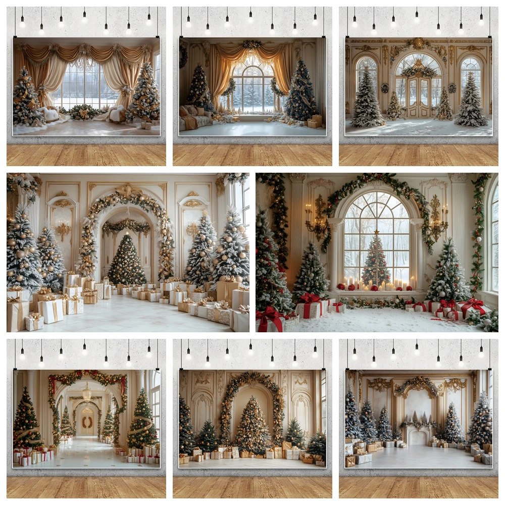 

Merry Christmas Photography Background Chic Palace Gold Wall Large Window Luxurious Xmas Tree Gifts Decor Family Shoots Backdrop
