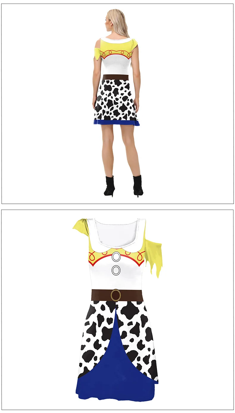 Damen Cowgirl Cosplay Kostüm mit Cold-Shoulder-Design, Kurzarm, Ripped-Look, Kuhmuster, Faschingskostüm für Halloween, Karneval, Western-Themenparty – Detail 6