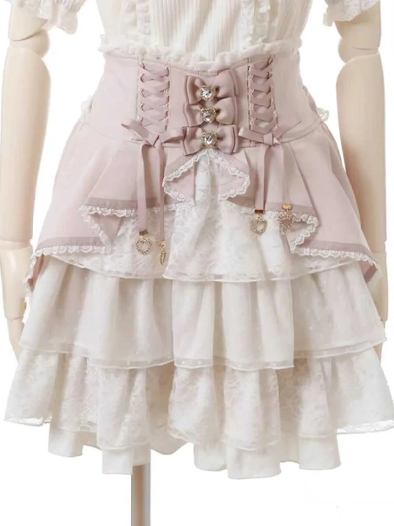 2024 New Japanese Jk Uniform Multi-Color Waist and Thin A-Line Rhinestone Love Lace-up Decorative Lace Cake Skirt For Girls