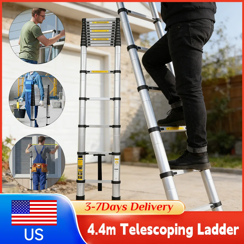 

4.4m Telescoping Single Ladder with 2 Triangle Stabilizers Anti-Slip Folding Ladder for Telecommunications Engineering Warehouse