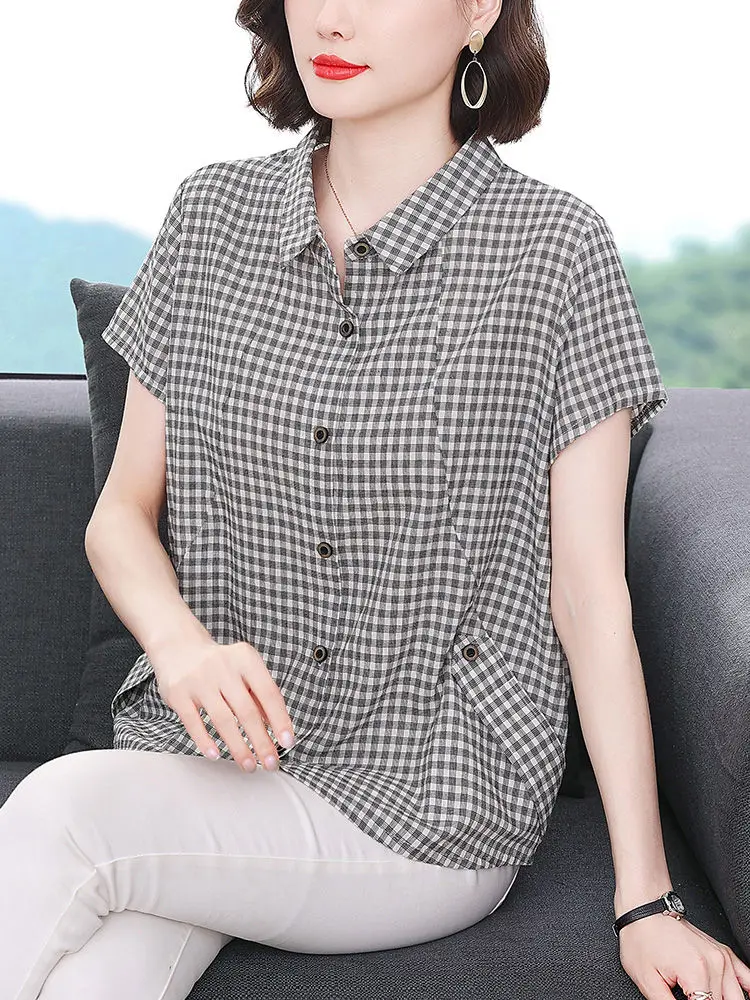 Plaid Shirt Summer New Short-sleeved Pure Cotton Women Fashionable and Loose Top