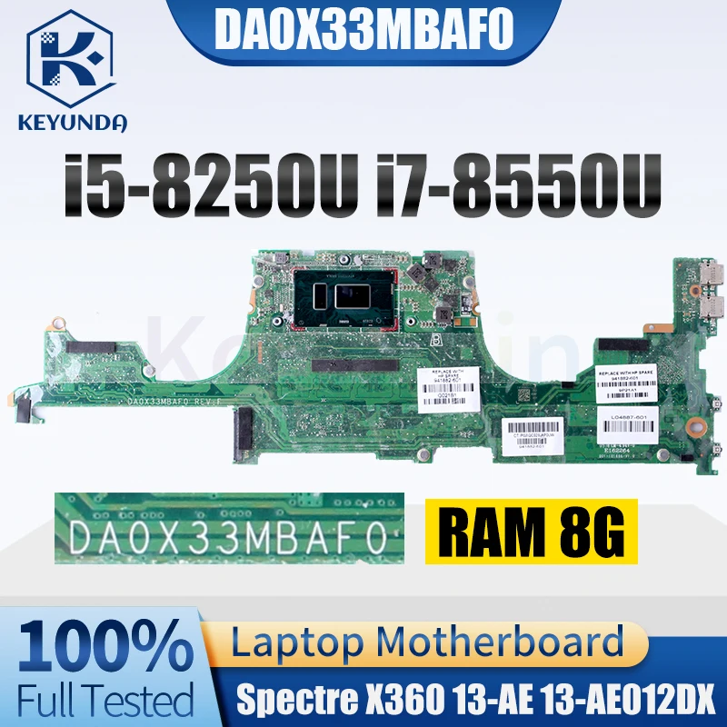 DA0X33MBAF0 For HP  Spectre X360 13-AE 13-AE012DX Notebook Mainboard i5-8250U i7-8550U RAM 8G Laptop Motherboard Tested