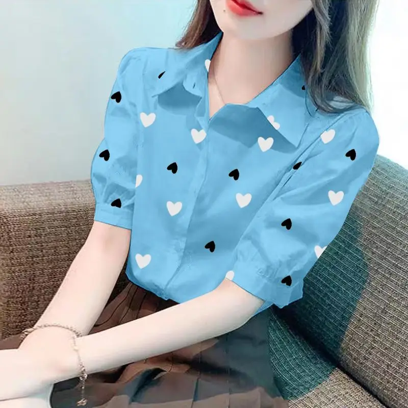 Korean Women\'s Clothing Printing Short Sleeve Shirts Ladies Casual All-match Tops Turn-down Collar Summer Office Lady Blouses