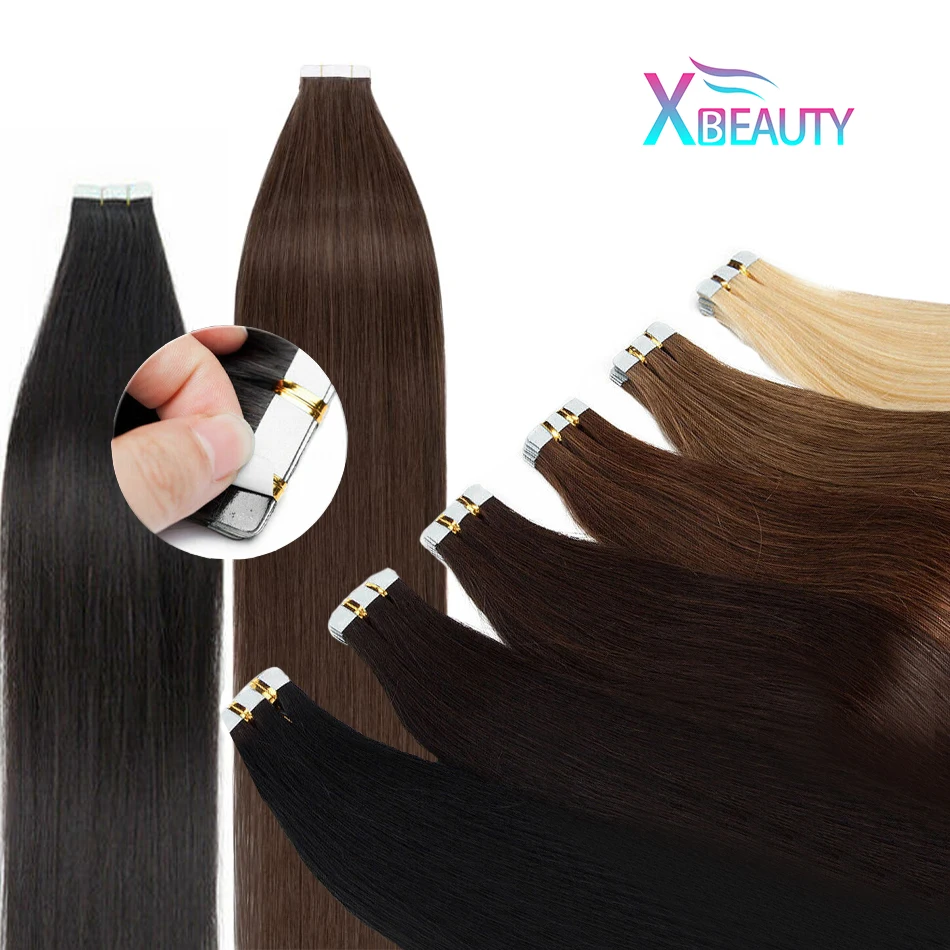 Tape In Hair Extensions Human Hair Straight Natural Black 100% Real Human Hair 26 Inch Seamless Human Hair Extensions For Women