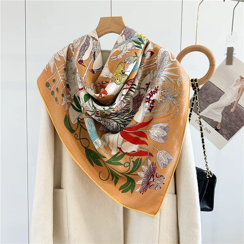 Luxury Design Double Sided Silk Wool Scarf Women Giant Hand-rolled Edges Shawls Winter Accessories Square Scarves Stole Foulard