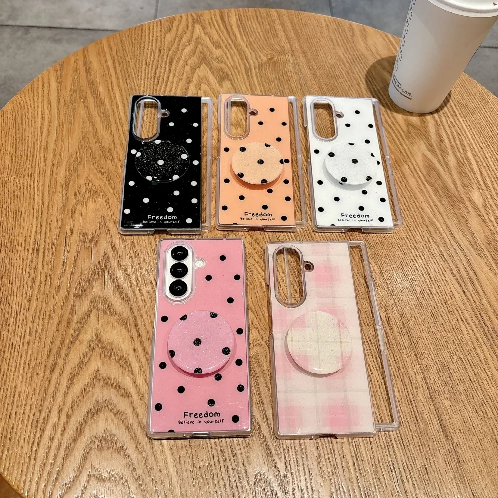 High-end Fashion Black Polka Dot Epoxy Phone Case for Samsung Galaxy Z Fold 7 6 5 4 Folding Stand Bracket Shockproof Soft Cover