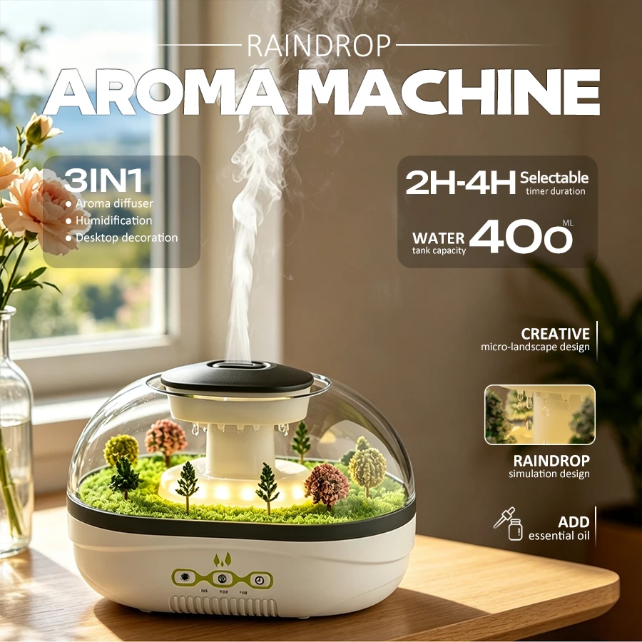 Christmas Style Aroma Essential Oil Diffuser, 400ml, 2H/4H Timer, Warm Light, Mini Air Humidifier, Quiet Raindrop Mist for Home