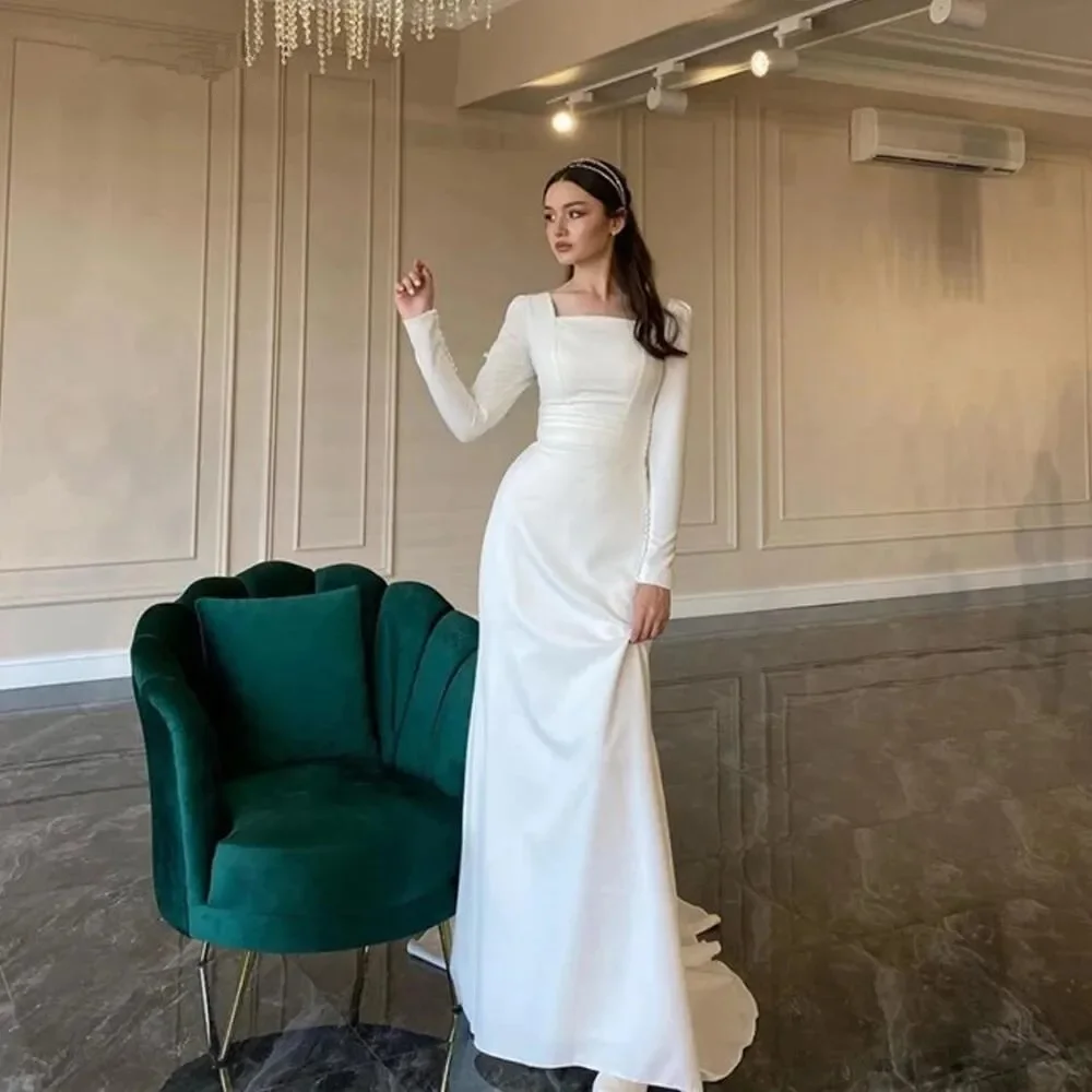 

New Sliming Sheath Wedding Dress Square Neck Long Sleeves Satin Buttons Back Floor-Length Bride Gown Formal Evening Dresses 2024