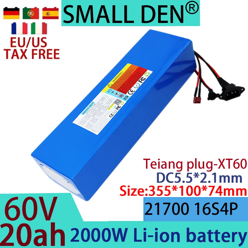 New 21700 60V 20Ah lithium battery pack, 16S4P 1000W-3000W, suitable for power tools, spare outdoor portable+67.2V 2A3A5Acharger