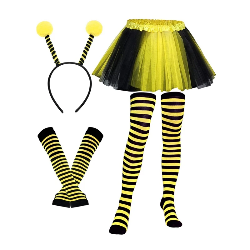 A36I-Bee Costume Kit For Adult Halloween Bee Costume Tutu Skirt Bee Striped Knee Thigh High Stocking Long Gloves