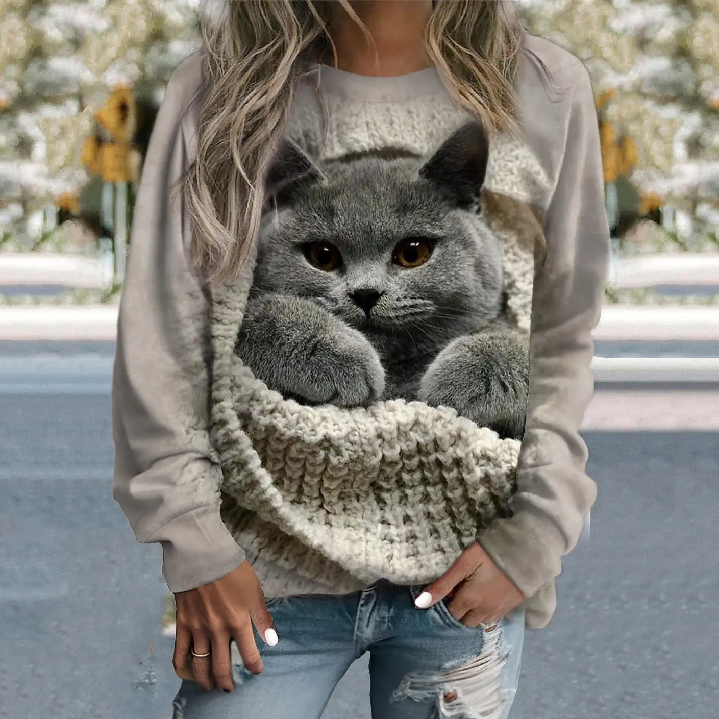 لطيف الحيوان القط الكلب الجولة الرقبة البلوز ثلاثية الأبعاد طباعة المرأة Y2k الشارع الشهير الخريف بلوزات الموضة البلوفرات ملابس امرأة #4