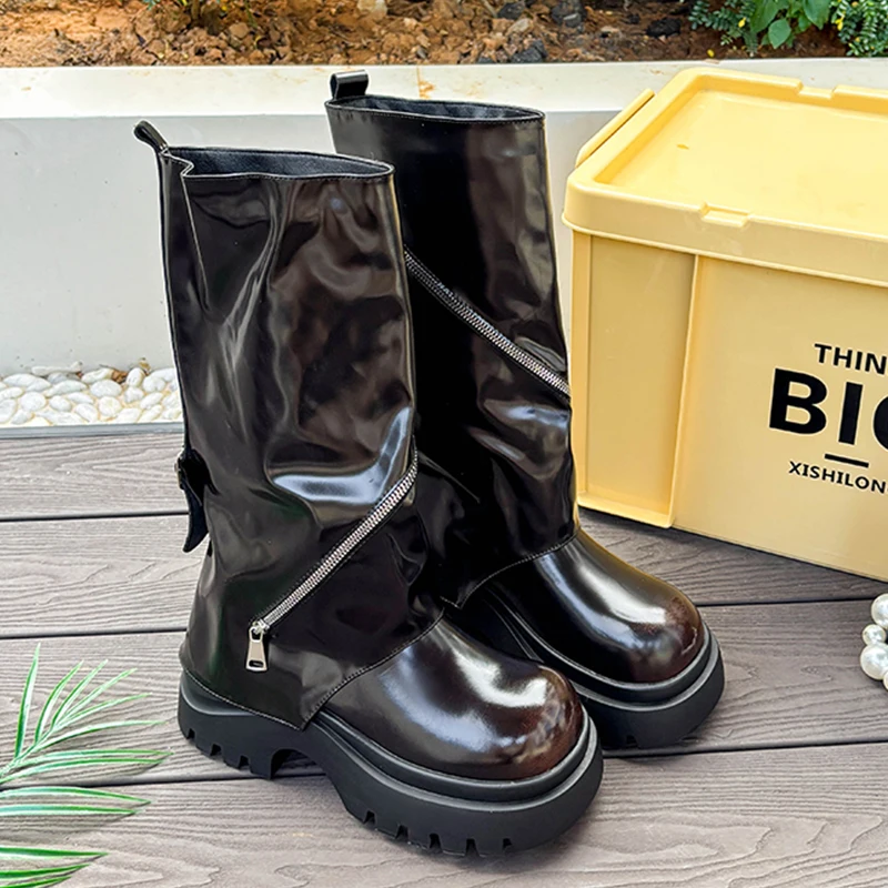 Fashion Platform Leather Shoes Winter Punk High Chelsea Boots Designer Woman Long Boots 2025 New Brand Walking Snow Boots Mujer