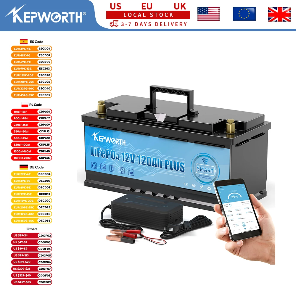 Batterie LiFePO4 KEPWORTH 12V 120Ah avec BMS Bluetooth 120A, parfaite pour le système solaire caravane RV, Stock ue