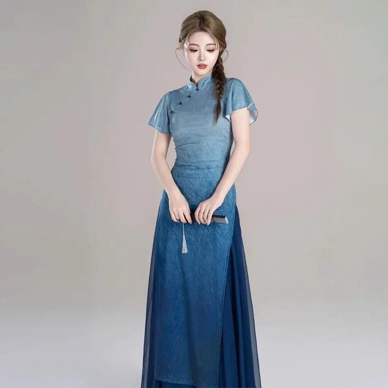 

Новые классические костюмы: эластичный облегающий градиентный чонсам в китайском стиле для этнических танцев, модная женская одежда