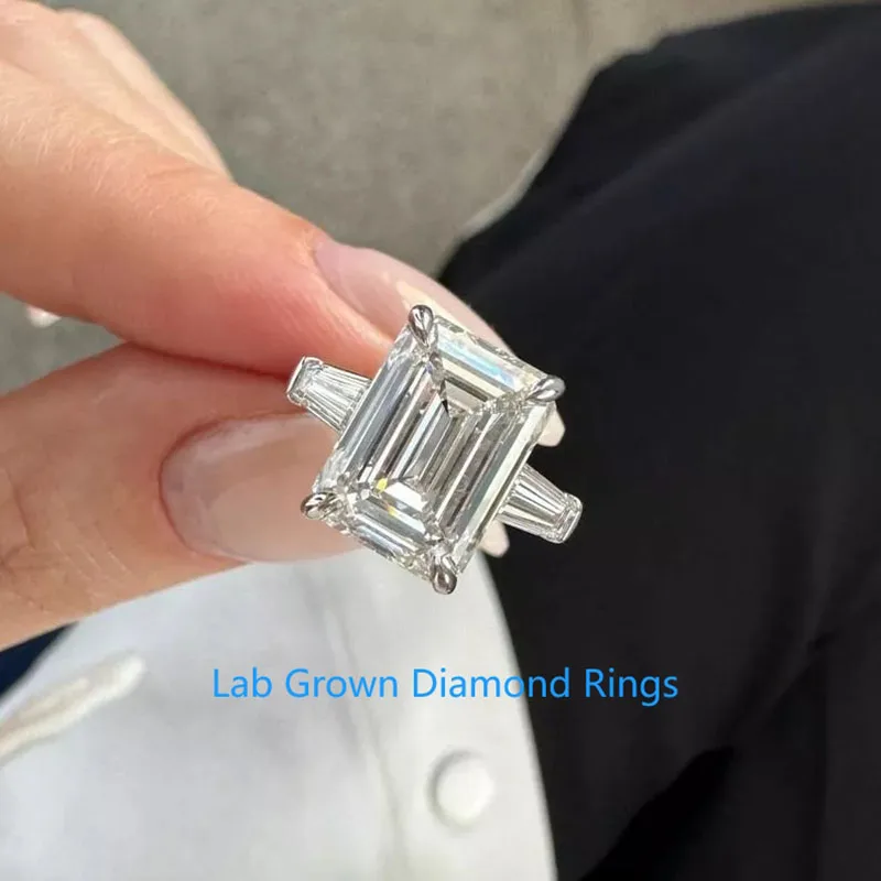 Women's Three‑Stone Engagement Ring 5CT Emerald‑Cut Main Stone DEF VS‑VVS HPHT CVD Lab‑Grown Diamond Wedding Ring IGI Certified PT950 Platinum Plated Fine Jewelry Anniversary Party Gift For Her view 5