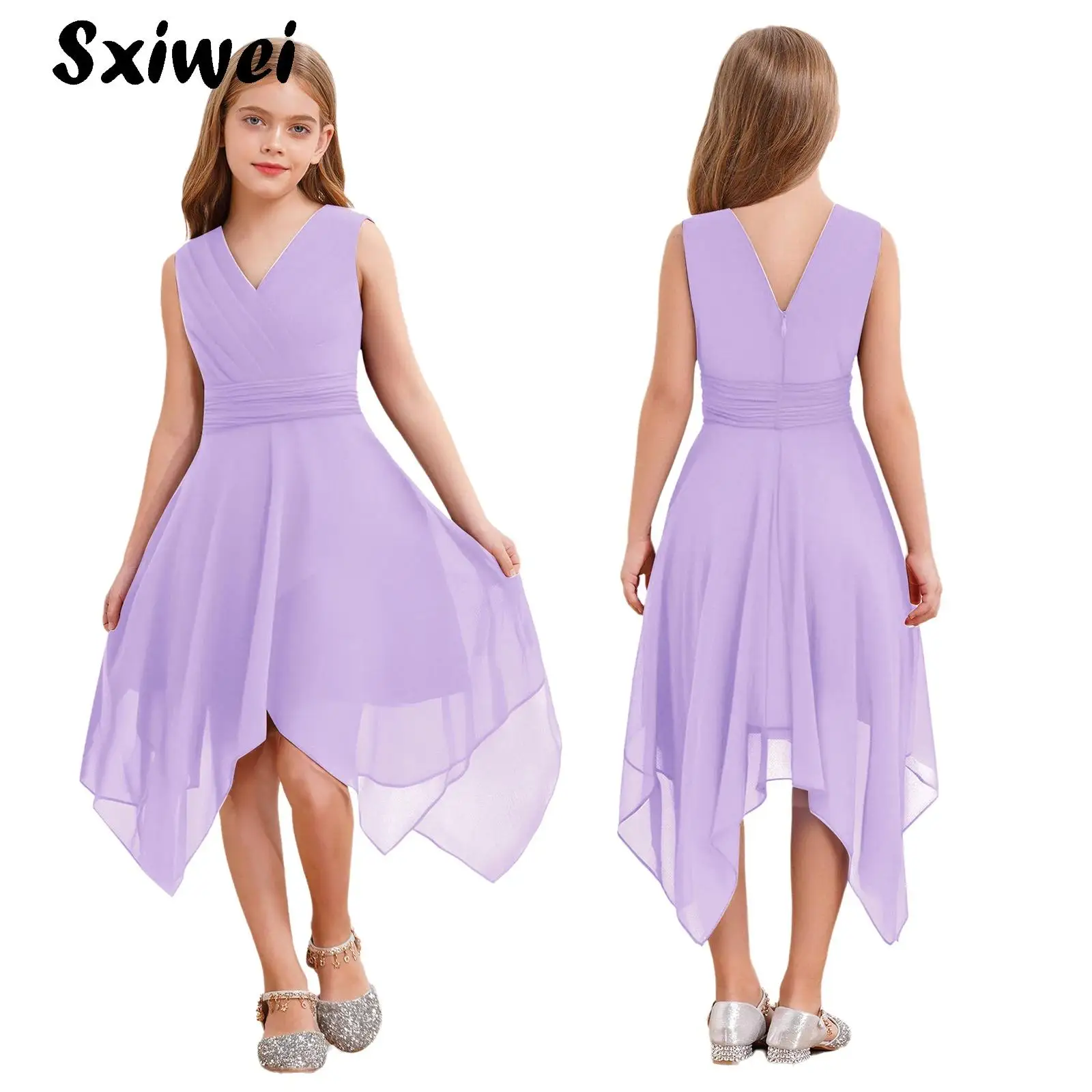 

Kids Girls Pleated Waist Chiffon Flower Girl Dress Sleeveless Asymmetric Hem Wedding Bridesmaid Prom Party Gowns Casual Clothing