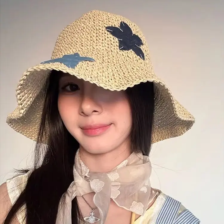 

Foldable Straw Fisherman's Hat with Star Appliqué—Women's Summer Beach Vacation Sun Hat for Sun Protection Flattering Fit