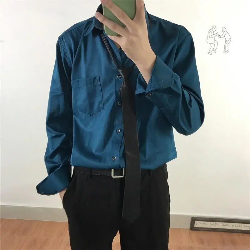 

Autumn New Korean Style Loose Casual Solid Color Shirt Men's Retro Slim Square Collar Long-sleeved Business Base Shirt
