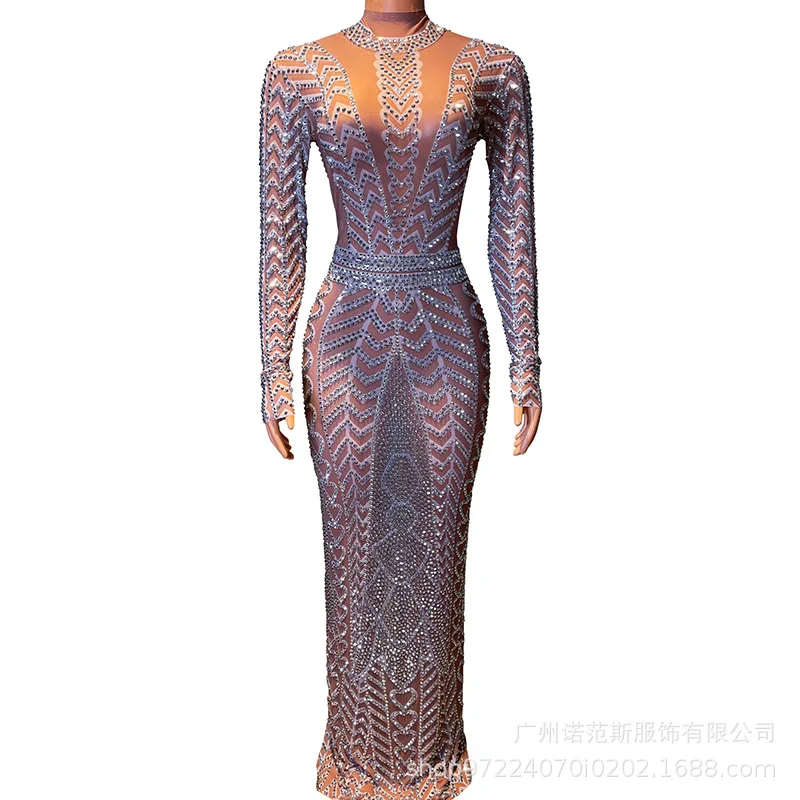 2025Luxury Rhinestone Elegant Floor Mopping Dress Evening Dress Women's High-end Sense Slim-fitting Adult Model Catwalk Trendy