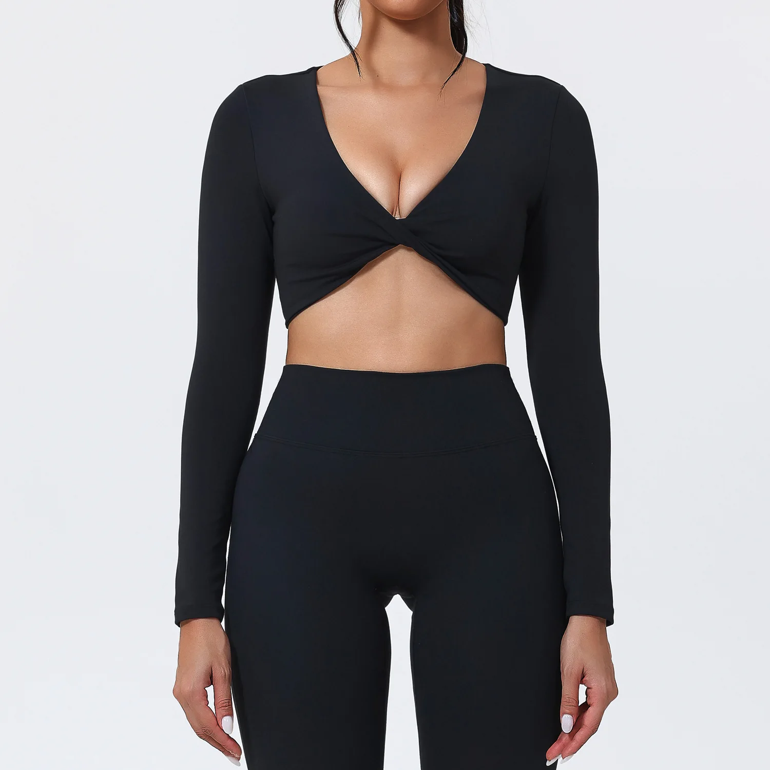 الخريف والشتاء شبك ملابس اليوغا للنساء ضيق مثير طويلة الأكمام المحاصيل القمم المرأة تجريب اللياقة البدنية الرياضة بيلاتيس تي شيرت #5