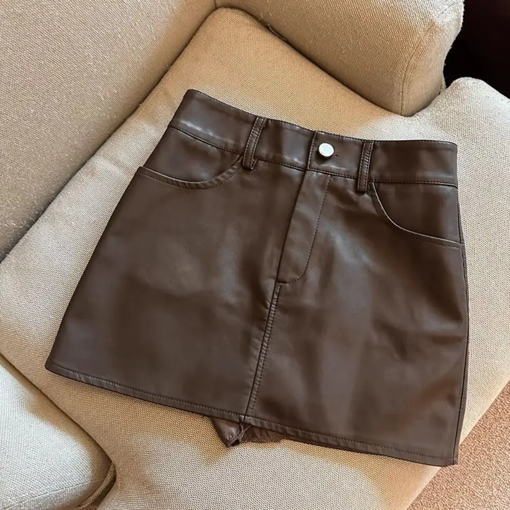 

Fashion Zipper PU Leather Skirt Slim Fit Solid Color High Waist A-line Skirt Autumn Winter Retro Skirt with Safety Pants Girls