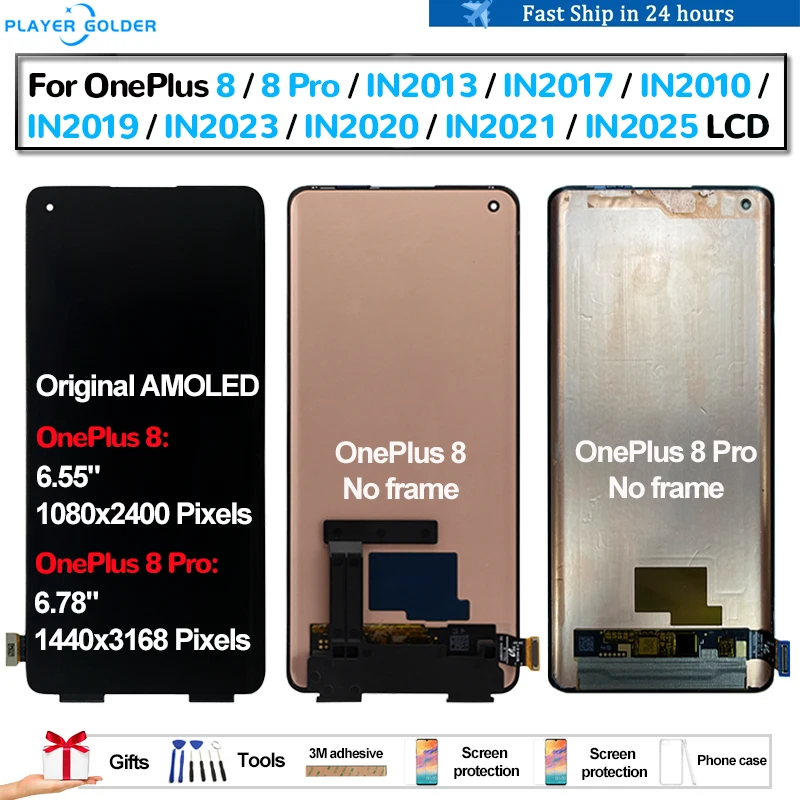 Original AMOLED For OnePlus 8 8 Pro IN2013 IN2017 IN2023 Pantalla lcd Display Touch Panel Screen Digitizer Assembly Replacement