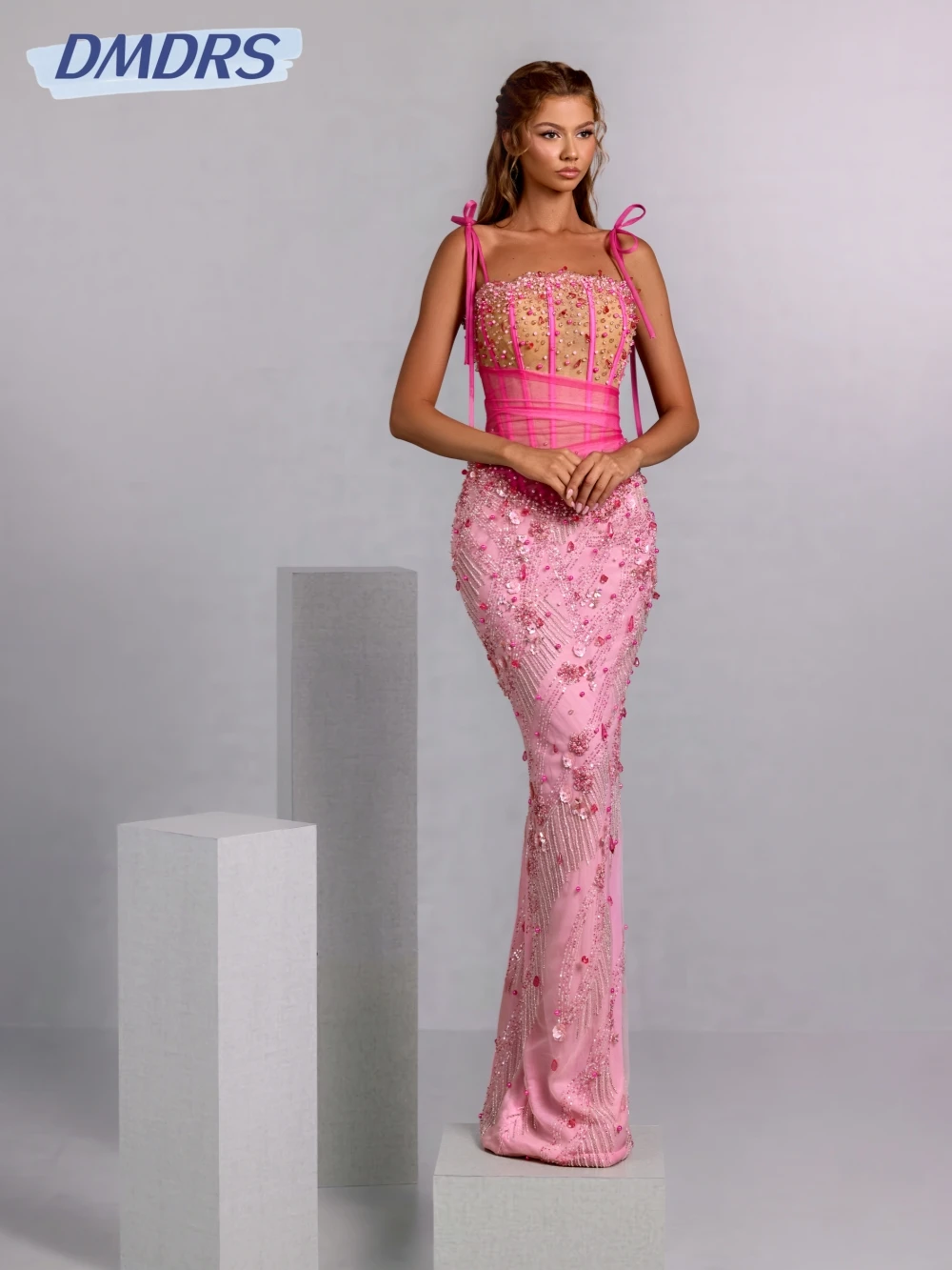 

Dazzzling Luxury Beaded Pearls Evening Dress Sexy Thin Straps Straight Long Wedding Party Gown Customized Elegant Prom Dresses