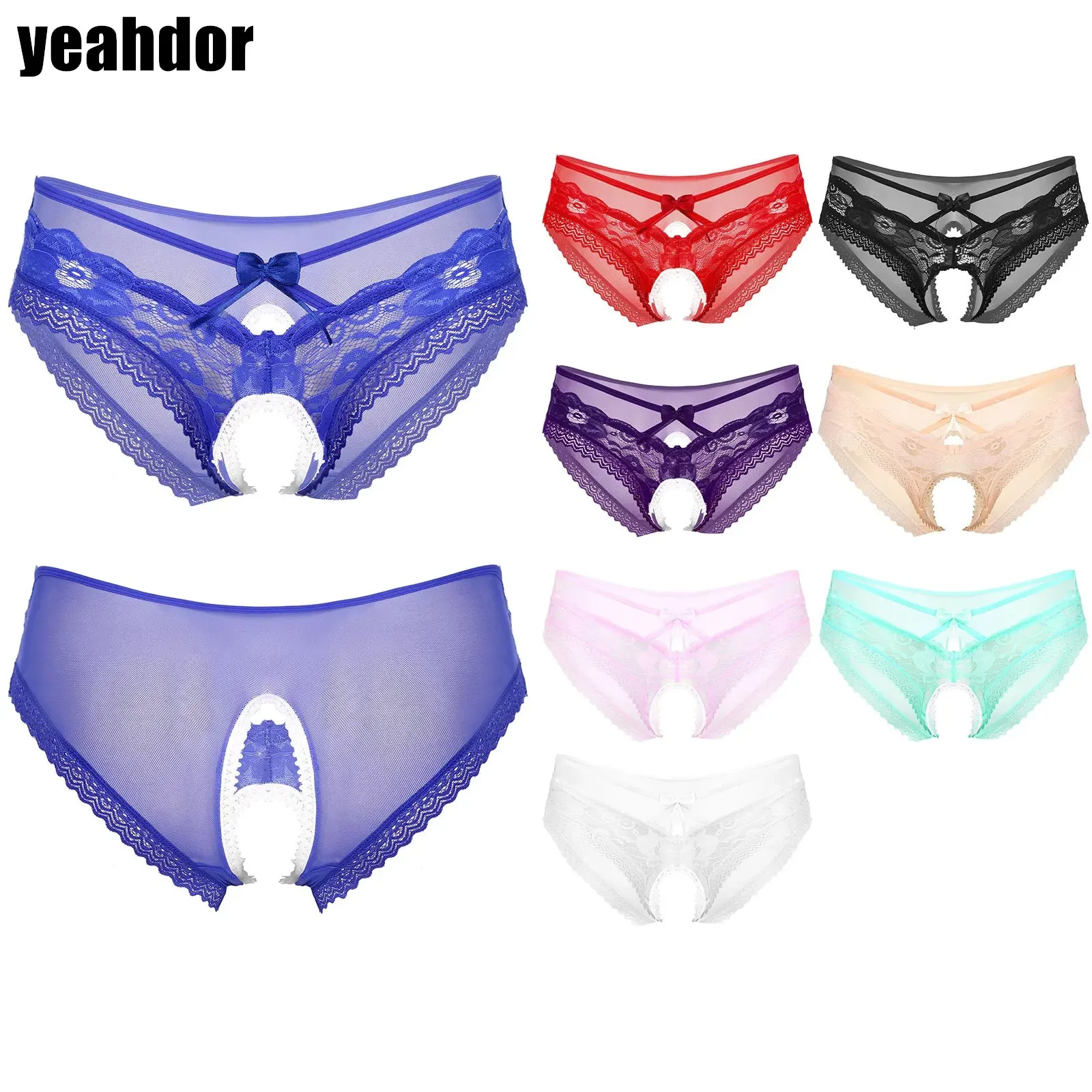 

Mens See-Through Lace Briefs Sissy Underwear Bowknot Strappy Crotchless Underpants