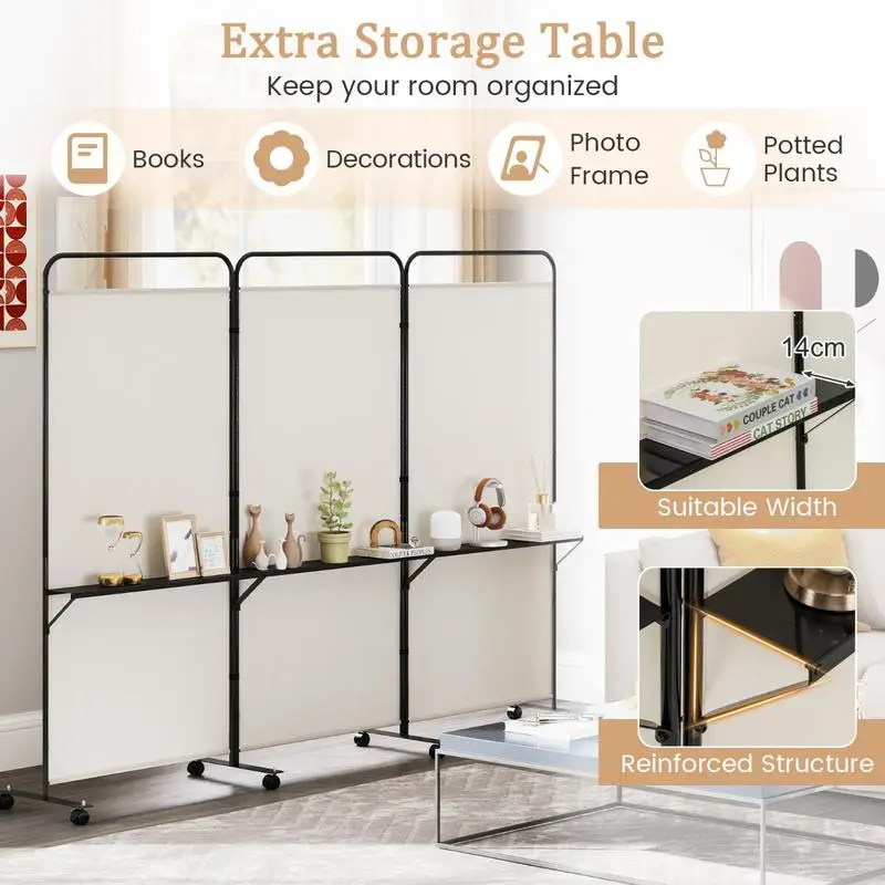 

3-Panel Folding Room Divider with 3 Metal Shelves and Lockable Wheels-White