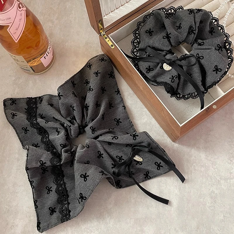 مربع القوس الحياكة Scrunchies كبيرة للنساء لطيف الدانتيل مطوي عقال شخصية رمادي ذيل حصان أصحاب الملحقات
