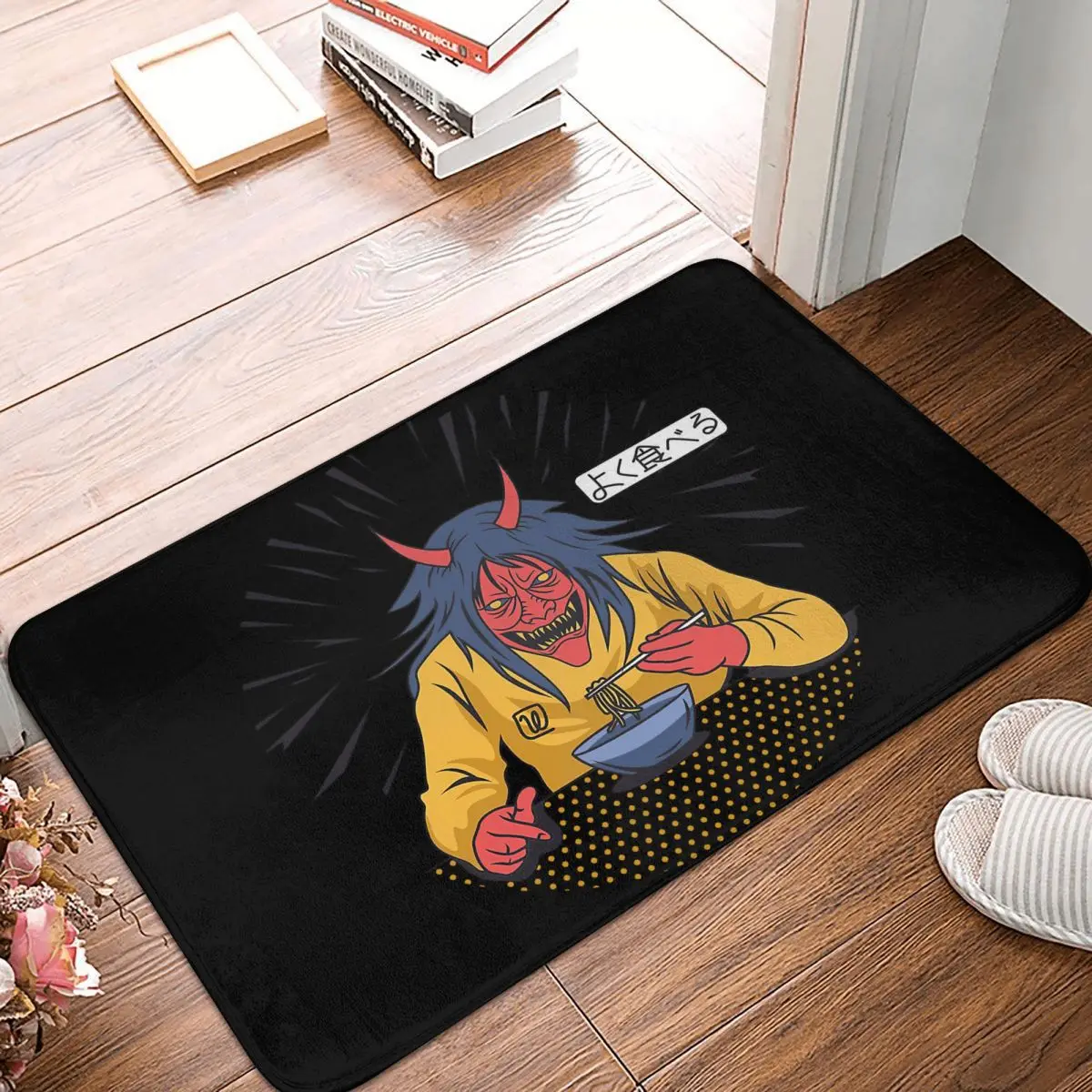 Funny Red Horned Oni Yokai Devil Eating Ramen Eat Well Doormat Rug carpet Mat Footpad Bath mat Non-slip  durable Washable