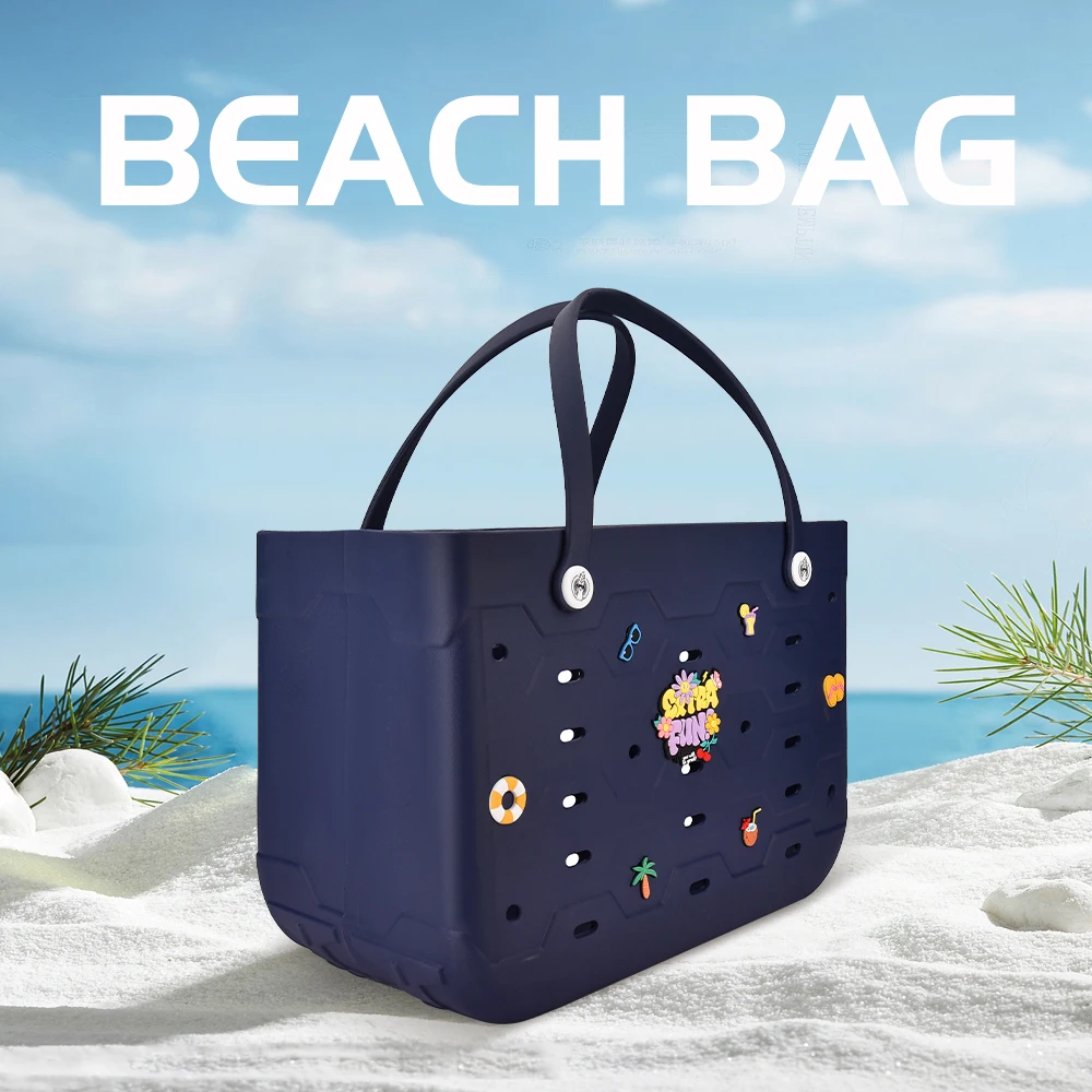 Large Waterproof EVA Punched Beach Tote Bag for Women, Casual Outdoor Travel Handbag with 5Pcs Random Cute Charms