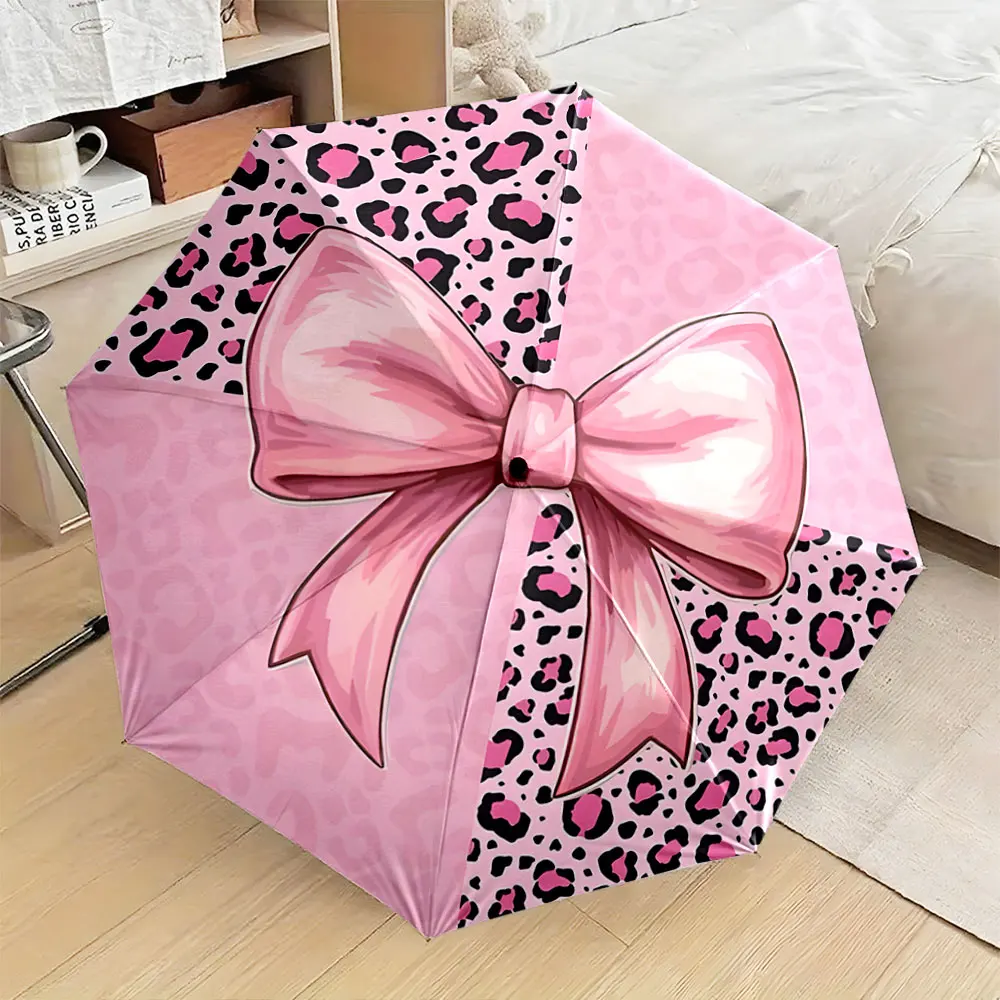 1PC Pink Bow and Leopard Print Umbrella Design Print 8 Iron Ribs Folding Umbrella Auto-Open Fashion Sunshade