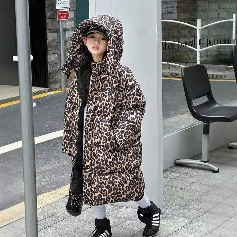 

Girls' Winter Down Jacket 2026 New Kids Leopard Print Hooded Thickened Warmth Cotton-padded Coat Stylish Off-season Sale