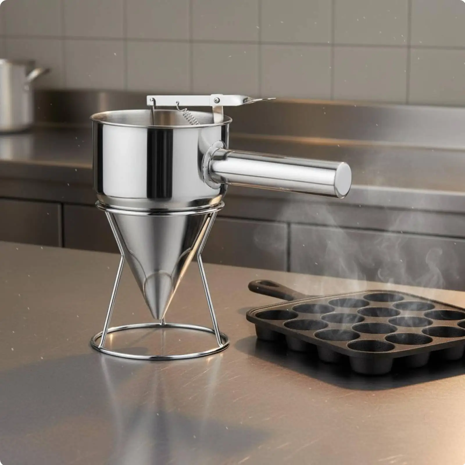 Non Stick Batter Dispenser Stainless Steel Funnel Measuring Cup Utensil with Stand for Pancake and Cake Making