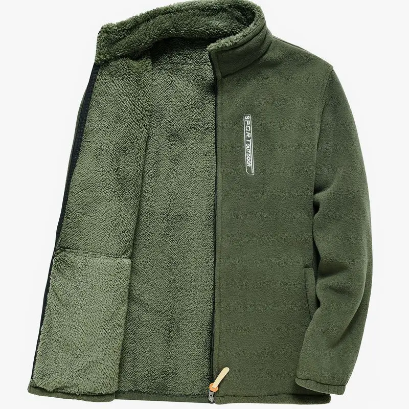 Herren Fleece-Jacke mit Reißverschluss, Fleece-gefüttert, Stehkragen, Verdickte Outdoor-Jacke, Winddicht, Polar-Fleece, Kälteschutz-Jacken – Detail 1