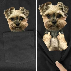 CLOOCL Yorkshire Cotton T-Shirts Cute Dogs Double Middle Finger Print Pocket T-shirt High-quality Mens Women Short Sleeve Shirts