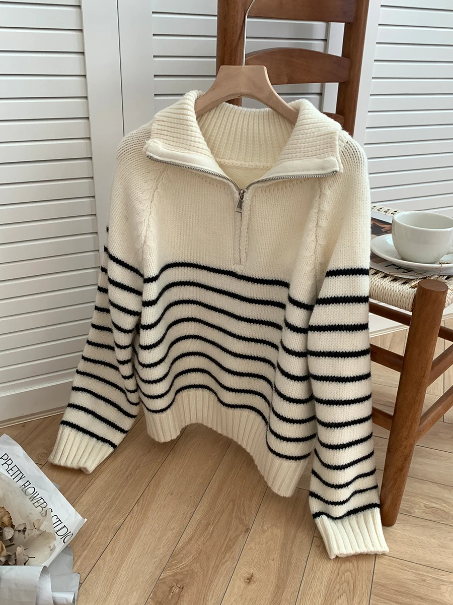 

Uniko Women's Oversized Striped Knitwear Coat Lazy Sle Loose Fit Autumn Winter Zipper Design Korean Version Long Sve Swe...