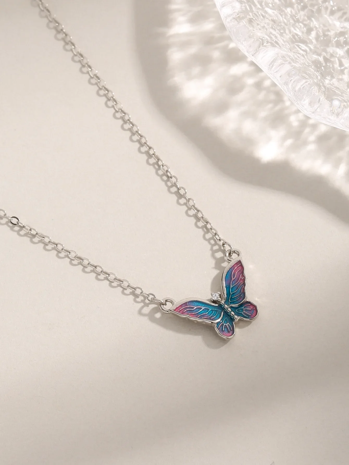 Pure 925 Silver Blue Pinkish Butterfly Pendant Necklace with Veins for Women's Party Vintage Casual Style Need