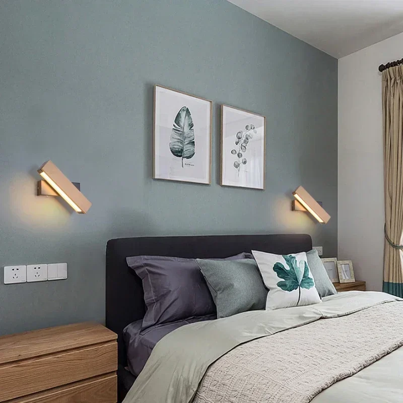 Nordic Rotatable Wall Lamp Solid Wood LED Adjustable Bedside Study Reading Light Home Decor Simple Lighting