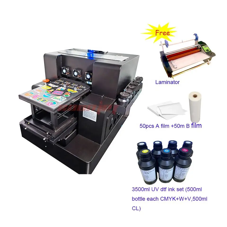 

Automatic UV DTF Printer A4 Varnish Print With 3500ml Ink With Laminator Machine AB Film For Phone Case Bottle Glass Sticker