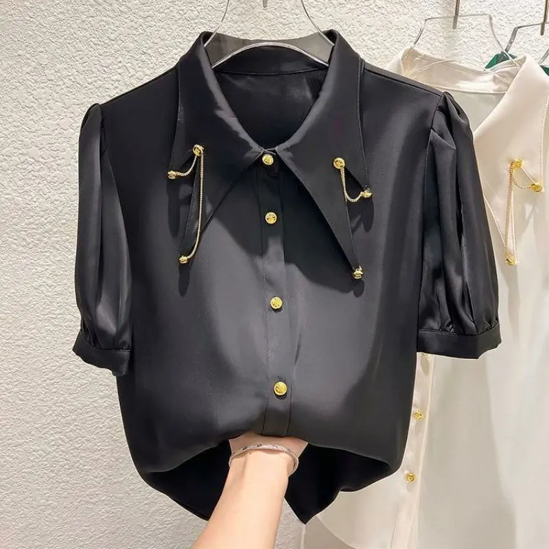 Female Clothing Fashion Chain Blouse Korean Irregular Turn-down Collar 2023 Summer Solid Color All-match Single-breasted Shirt