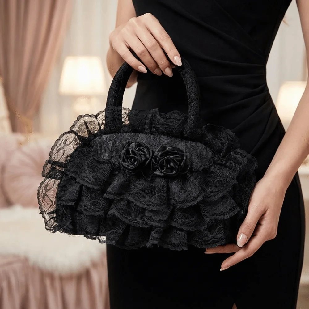 Polyester Material Ruffled Lace Handbag 3D Fabric Rose Multilayer Lolita Bag Dome Top Handle Spacious Interior Small Tote Bag