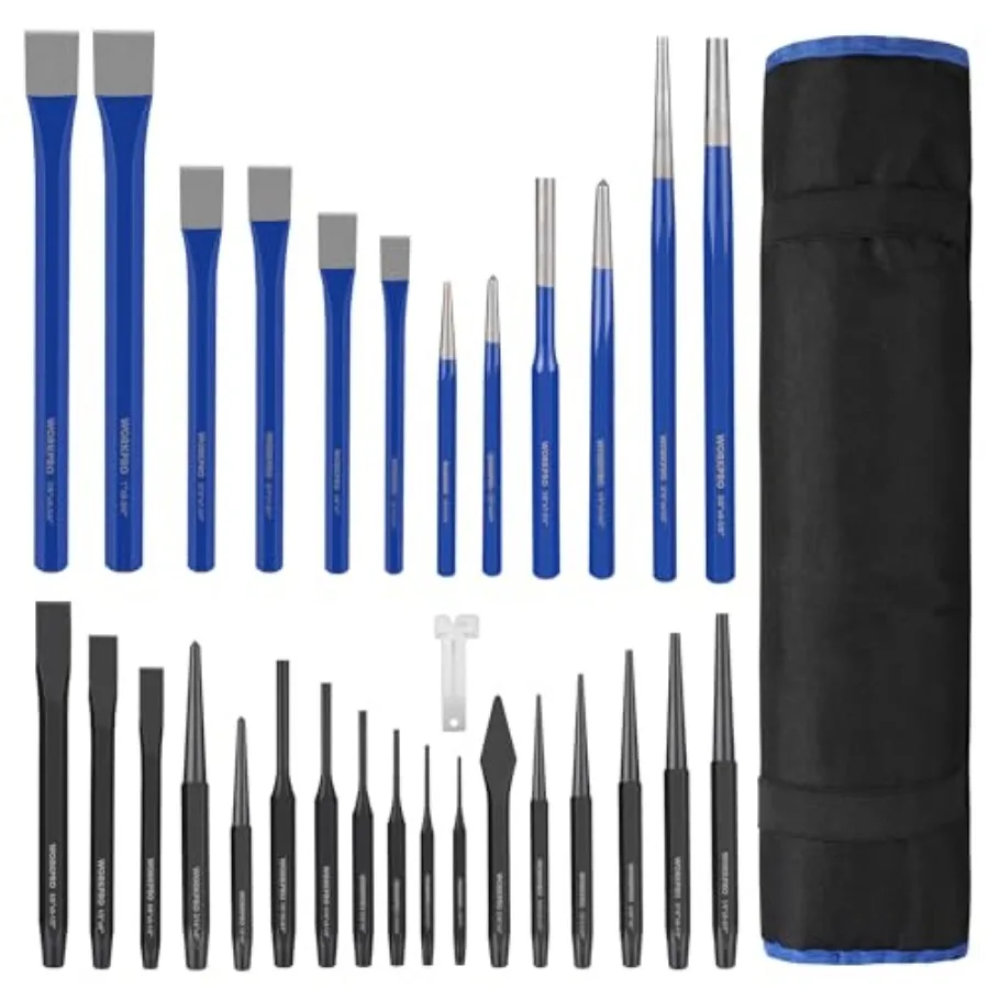 

30 PCS Heavy Duty Punch and Chisel Set with Roll Pouch, Cold and Cape Chisel, Center, Pin and Taper Punch, and Gauge, Blackened