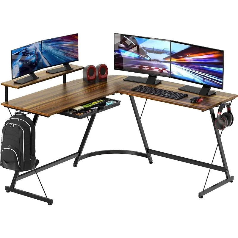 L-Shape Computer Desk com Monitor Stand para Home Office, Preto